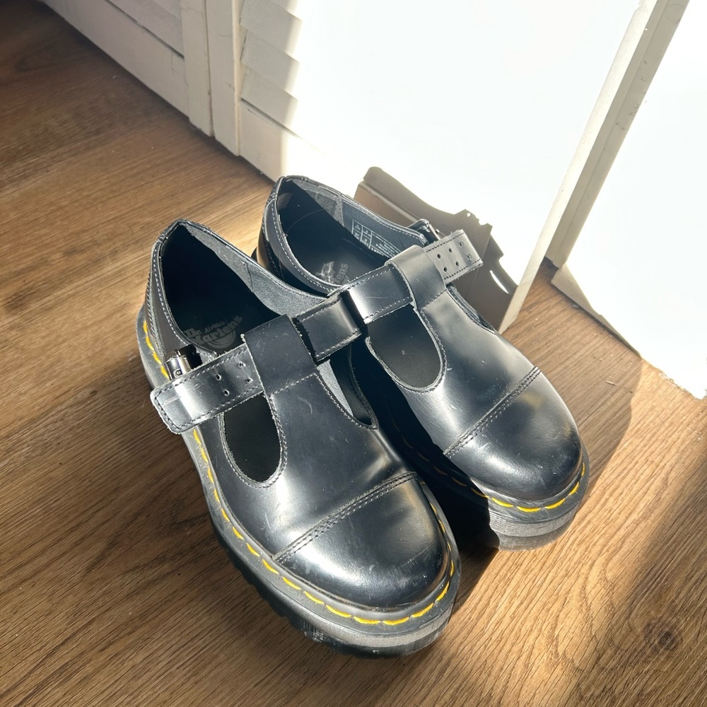 Dr. Martens Black Leather T-Strap Mary Jane Shoes with Yellow Stitching